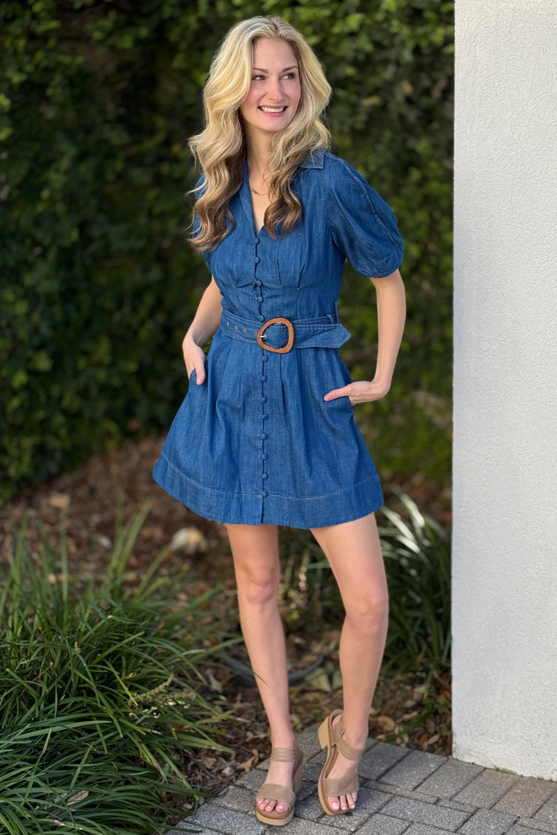 Button down denim mini dress full outfit styled with wedges