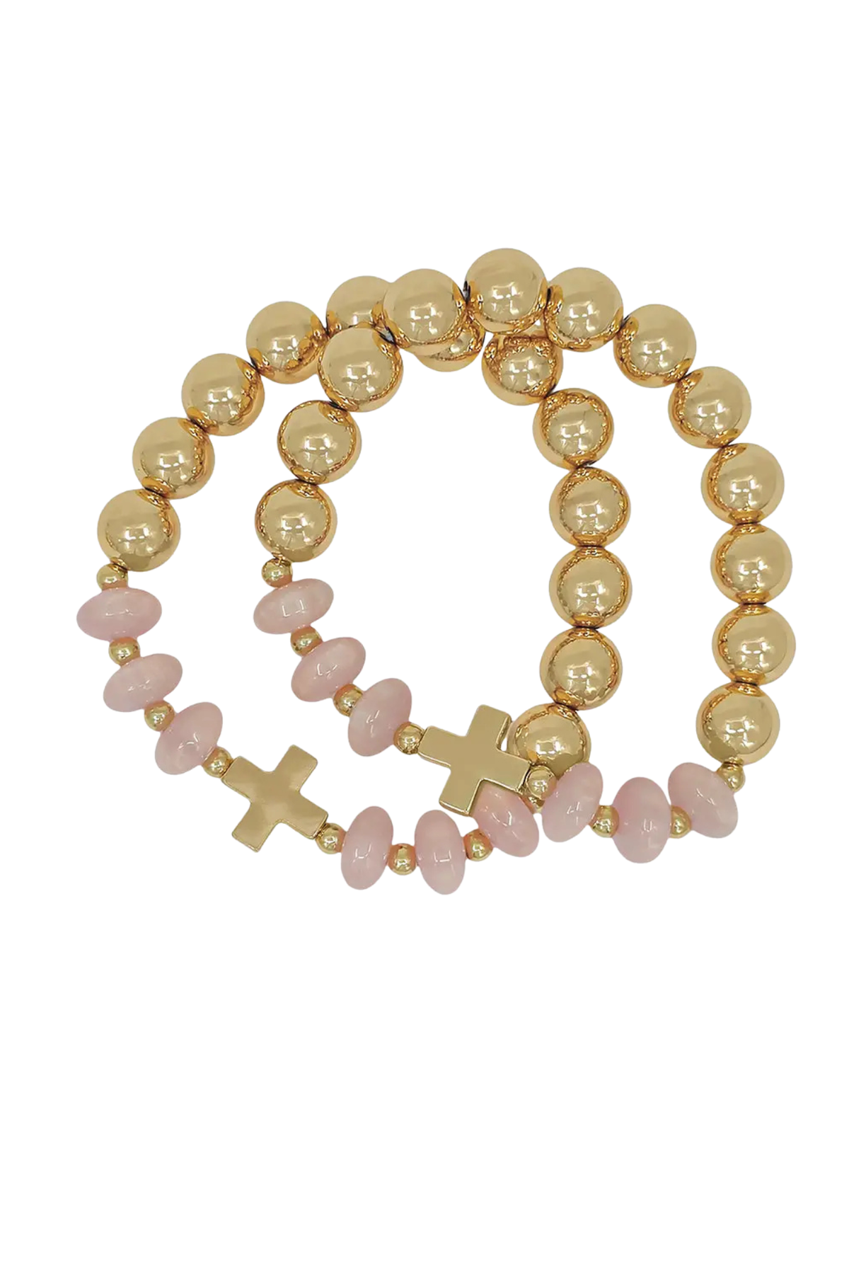 Pink crystal and gold cross stretch bracelet set