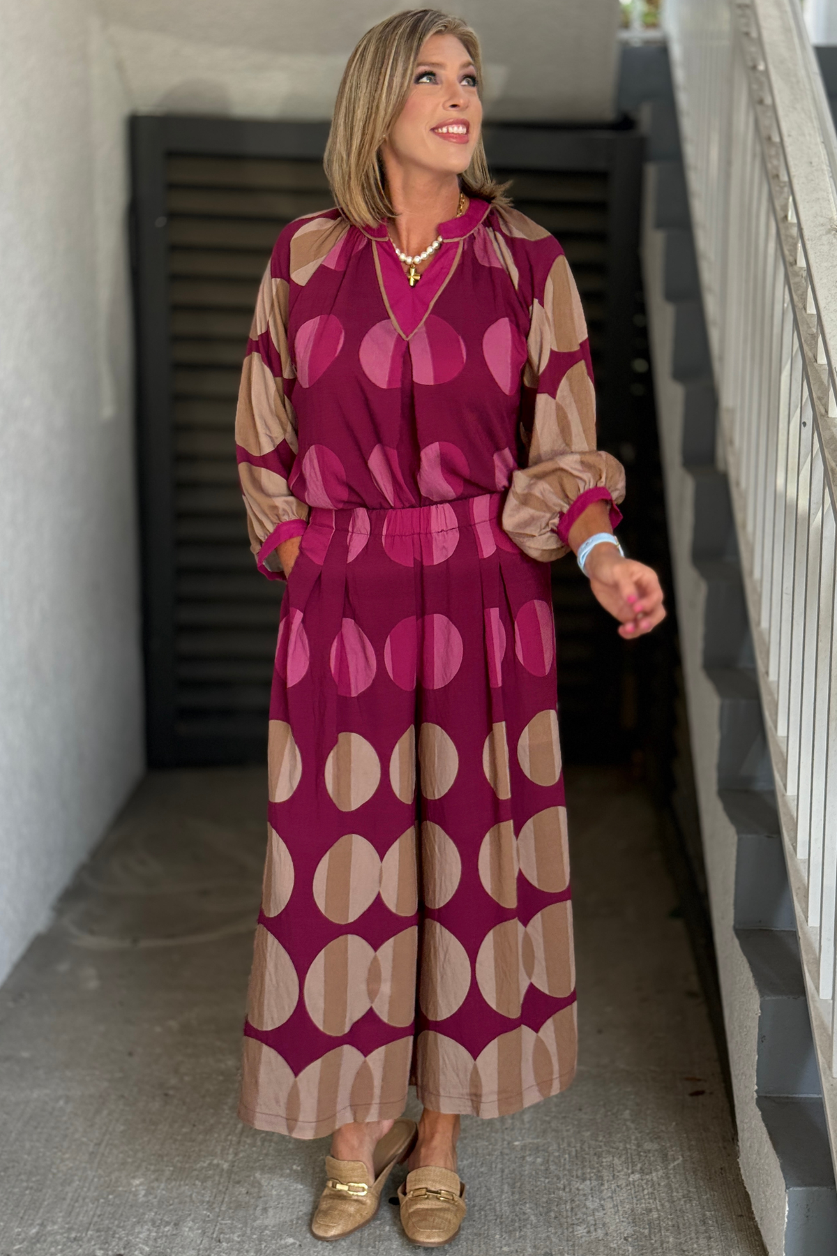 Burgundy polka dot wide leg pants