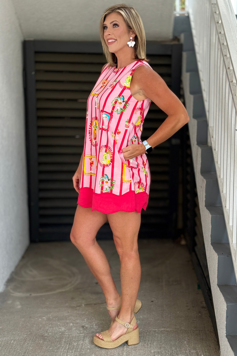 Tropical vacation dress with colorful drink print design