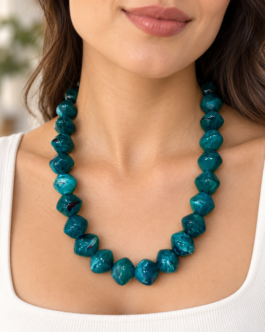 Teal Marbled Chunky Bead Necklace