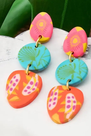Paradise Island Peacock Post Earrings featuring handcrafted colorful polymer clay drop beads with tropical floral patterns and matte gold accents.