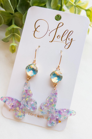 Purple and teal glitter butterfly statement earrings with teal stone