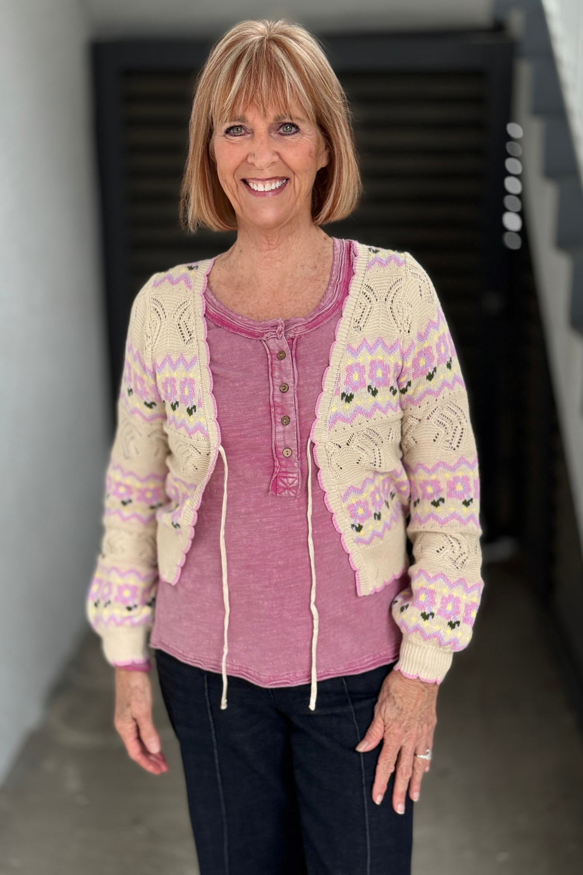 Pointelle Floral Tie-Front Cardigan – Ivory Multi