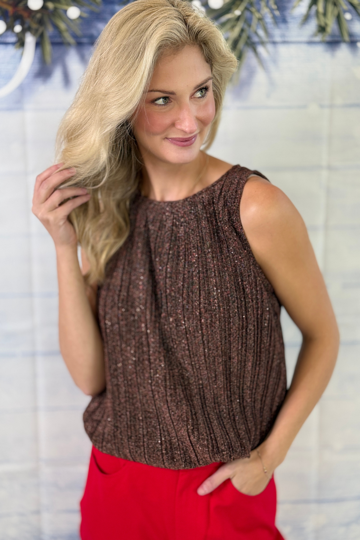 Women’s bronze metallic pleated sleeveless holiday top