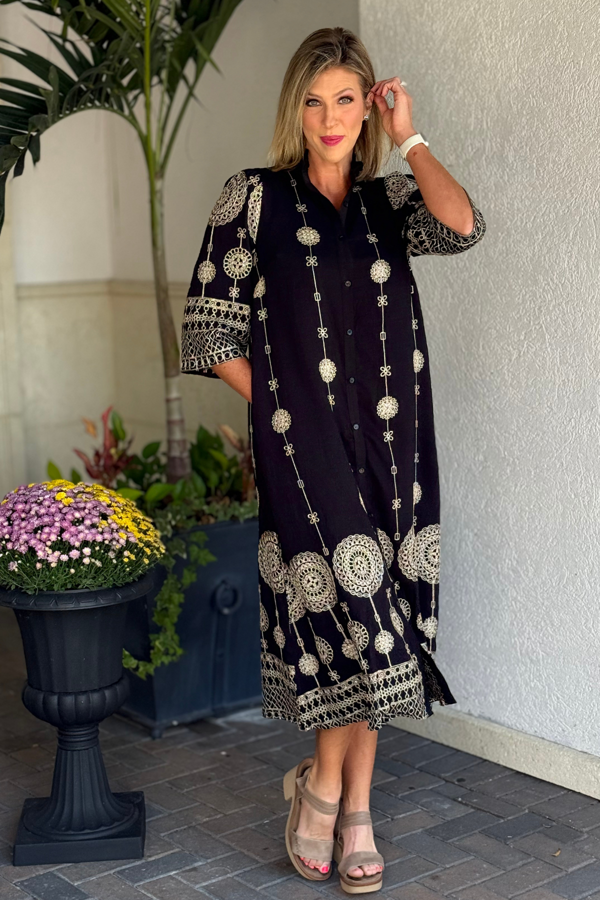 Front view of Midnight Mosaic Embroidered Midi Dress in black and cream