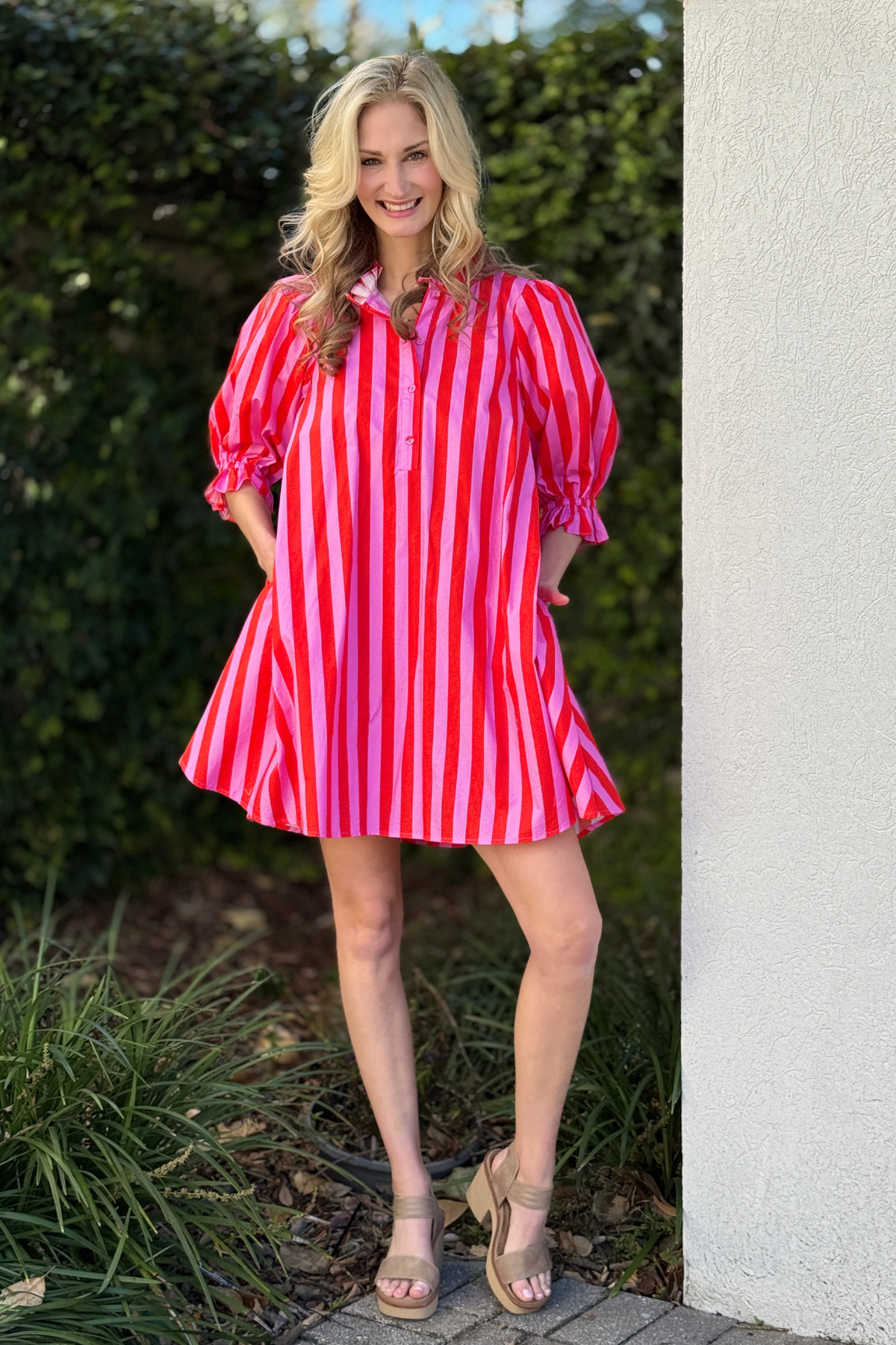 Pink and red striped puff sleeve mini dress for women
