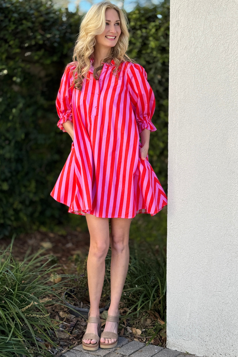 Striped mini dress with ruffled band collar and button front