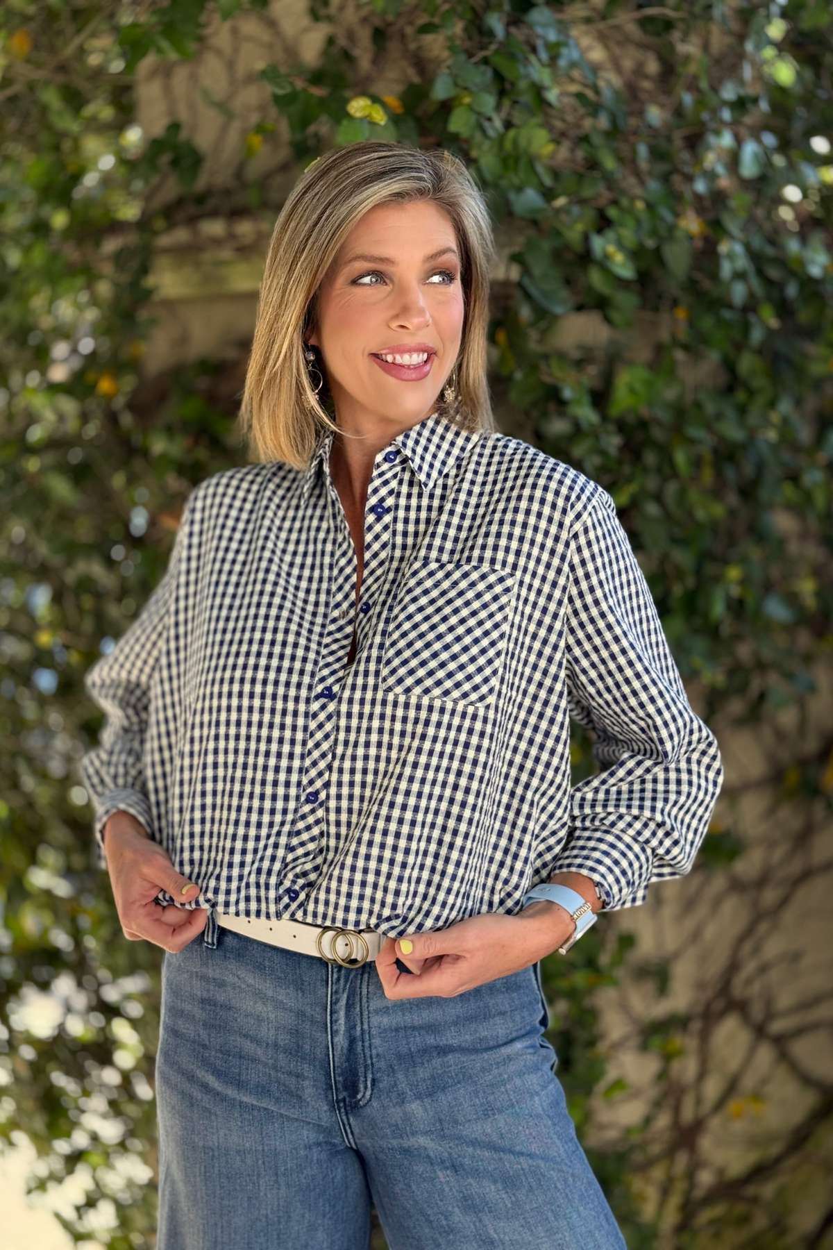 navy gingham button down blouse women