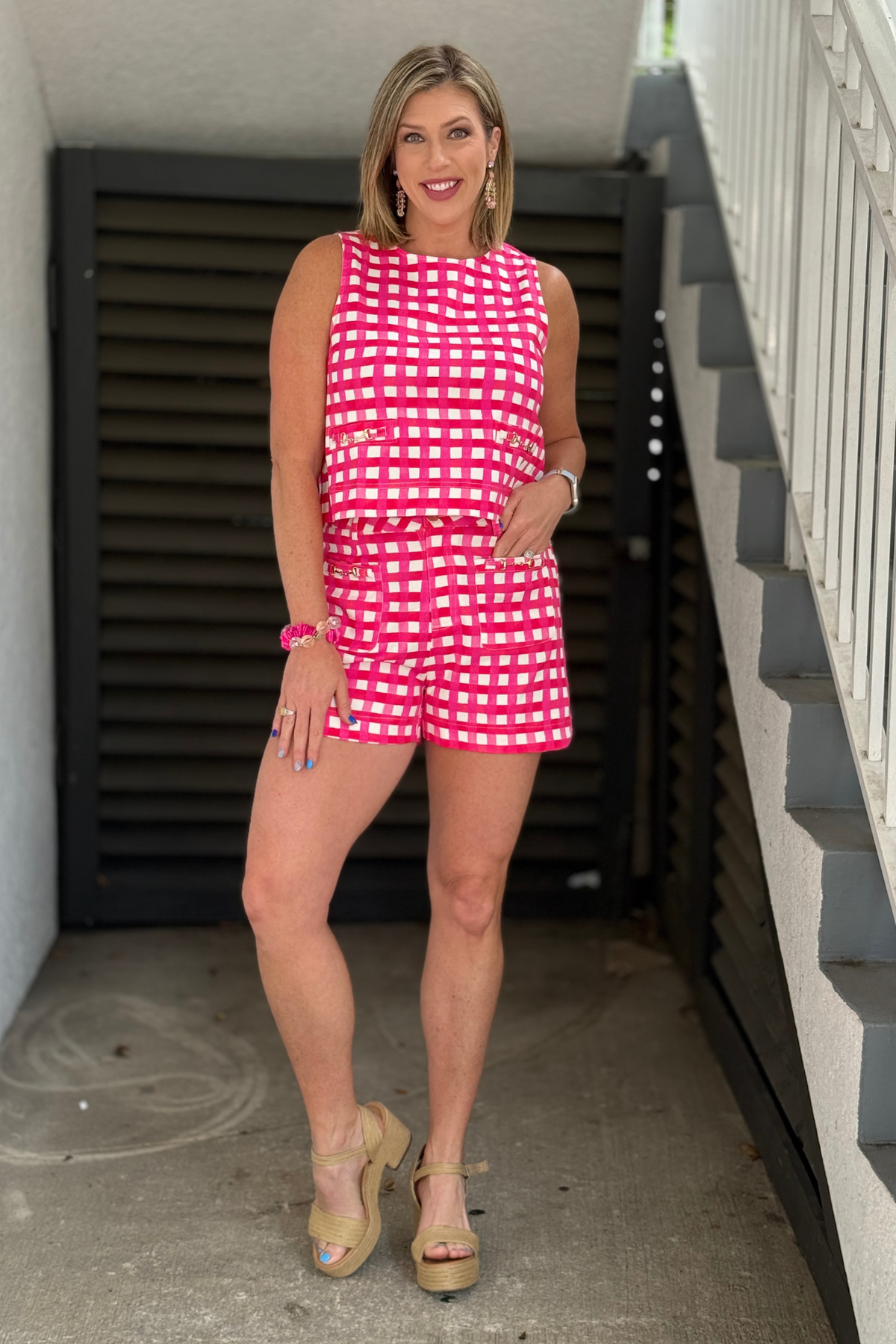 Pink and white check high waisted tailored shorts with gold detail