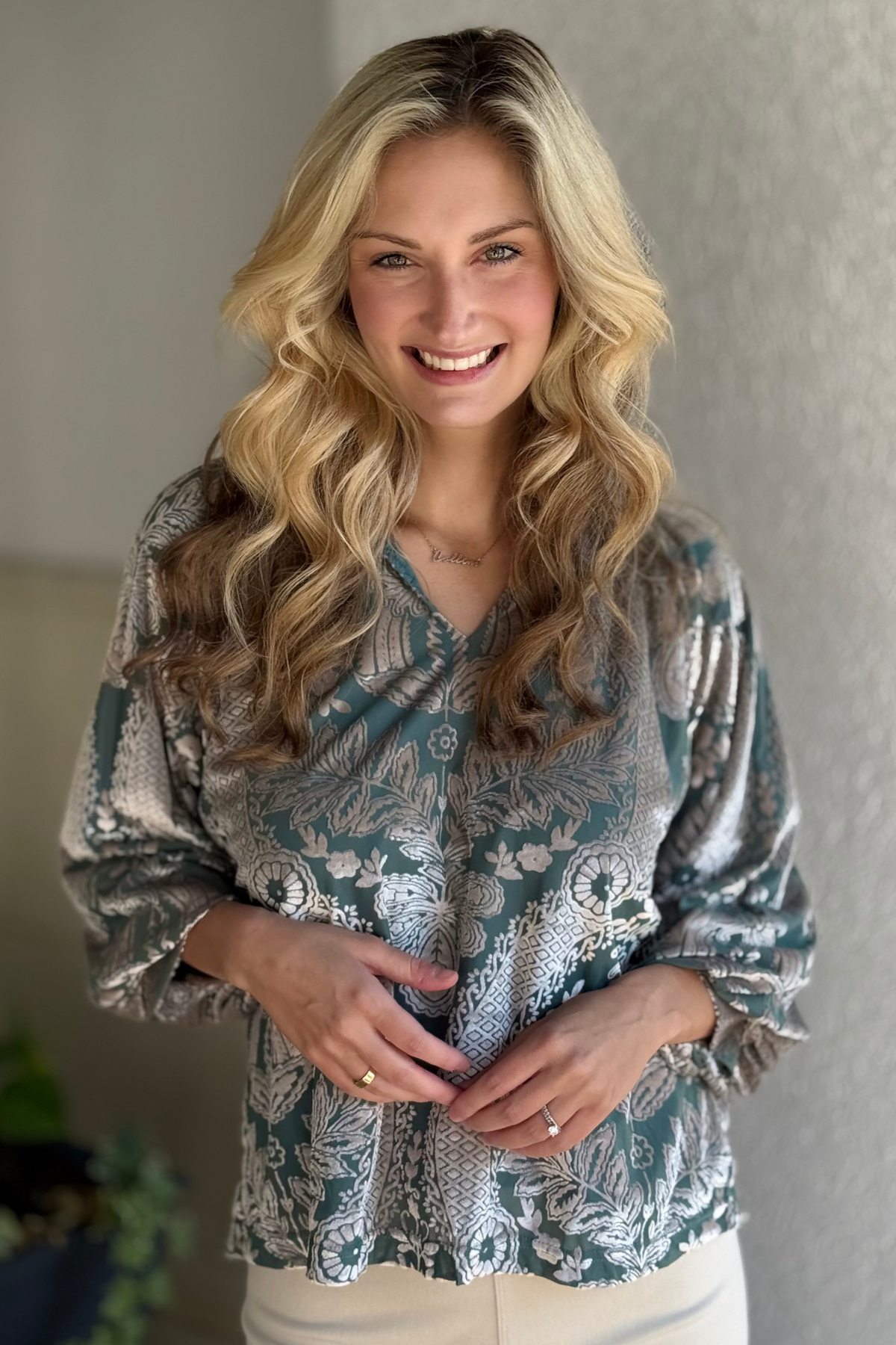 Autumn Damask Velvet Top in Sage