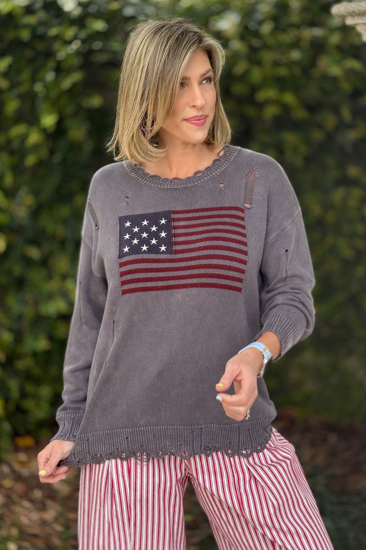 grey american flag knit sweater women
