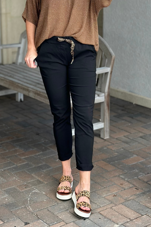 Flora Ashley Solid Black Leopard Tie Pant