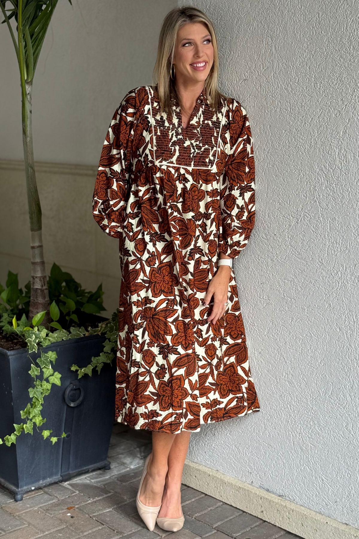 Harvest Petals Smocked Midi Dress in Brown