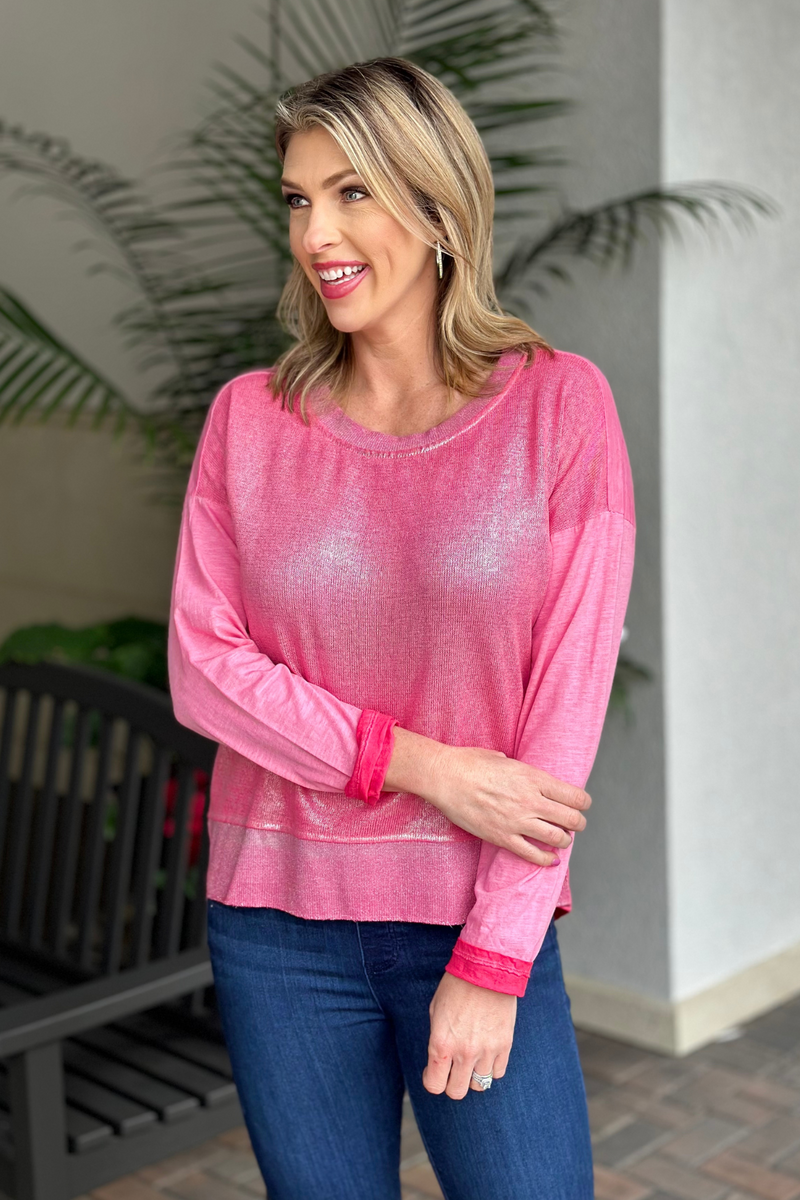 Foiled Again Round Neck Top-Pink