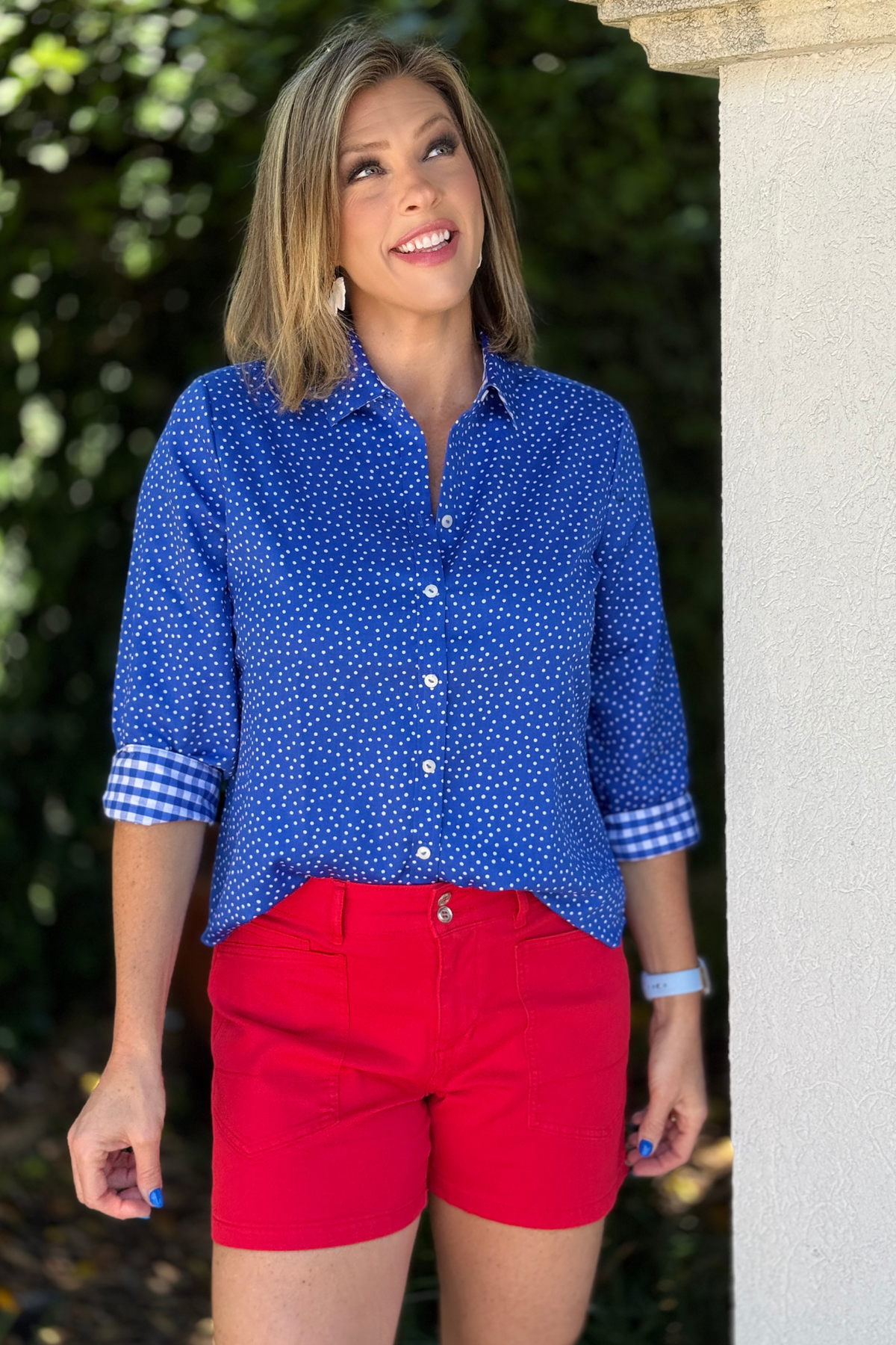 blue polka dot button down blouse
