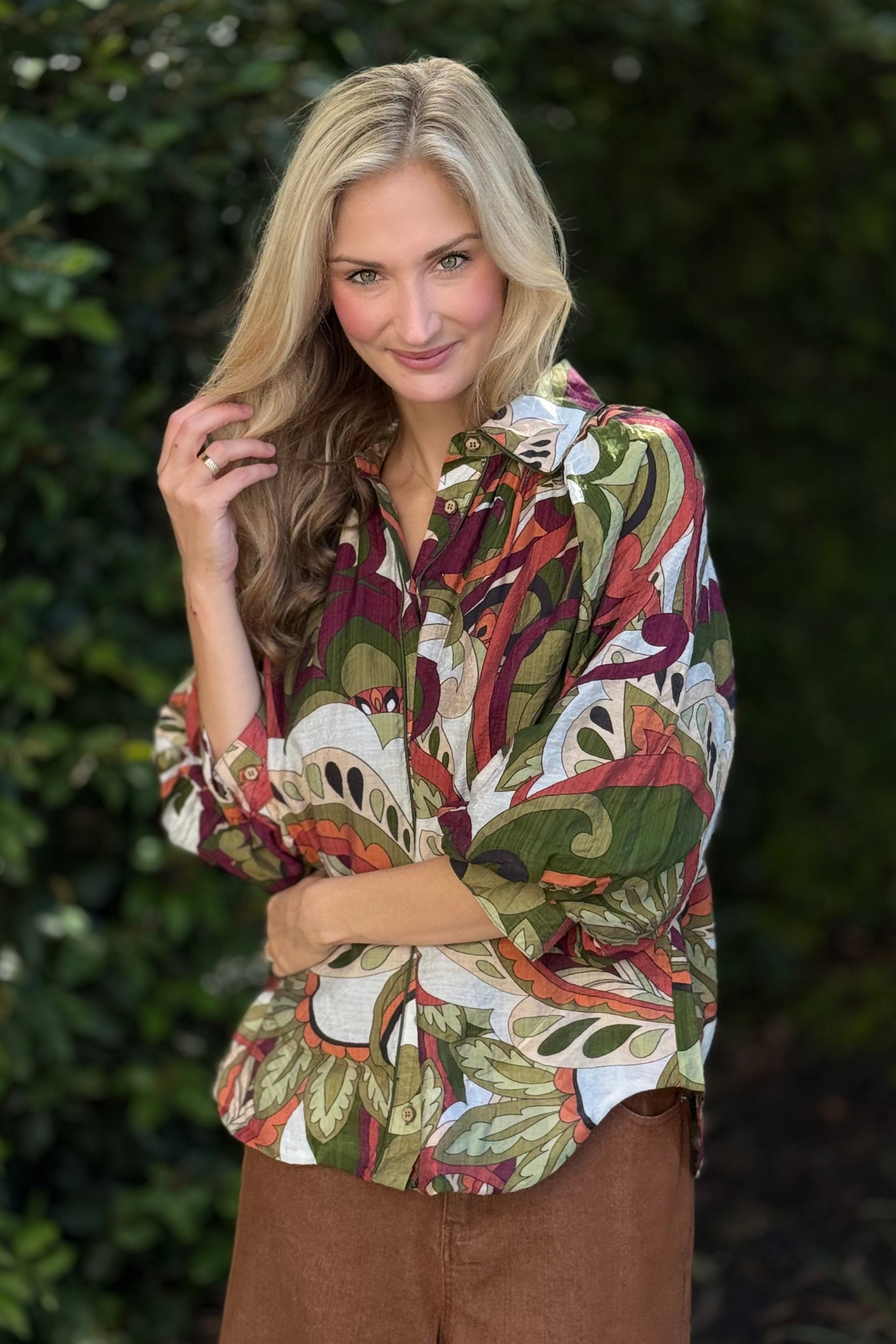 Everly Garden Button Down Top with puff sleeves and bold print
