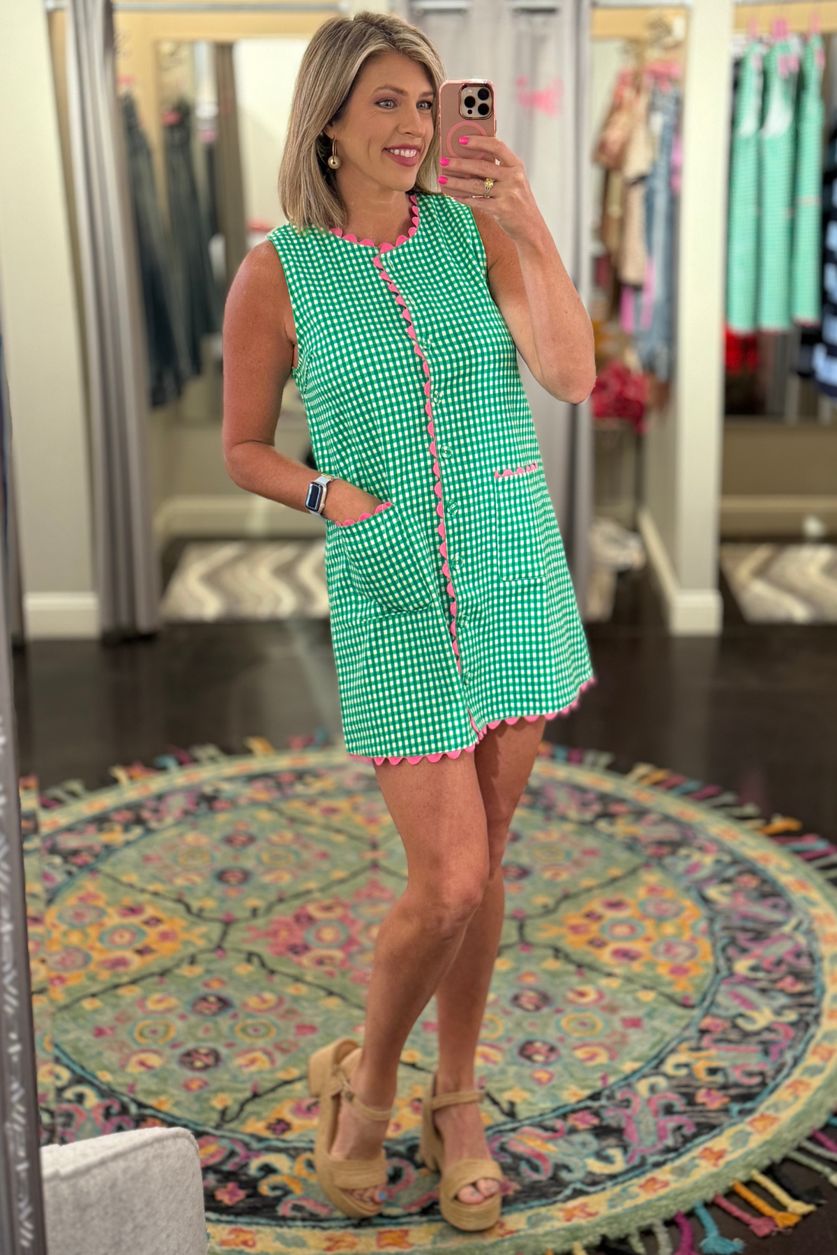 Green gingham sleeveless mini dress with pink scallop trim
