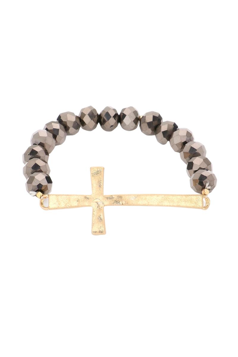 Hammered Metal Cross Accented Faceted Beads Stretch Bracelet