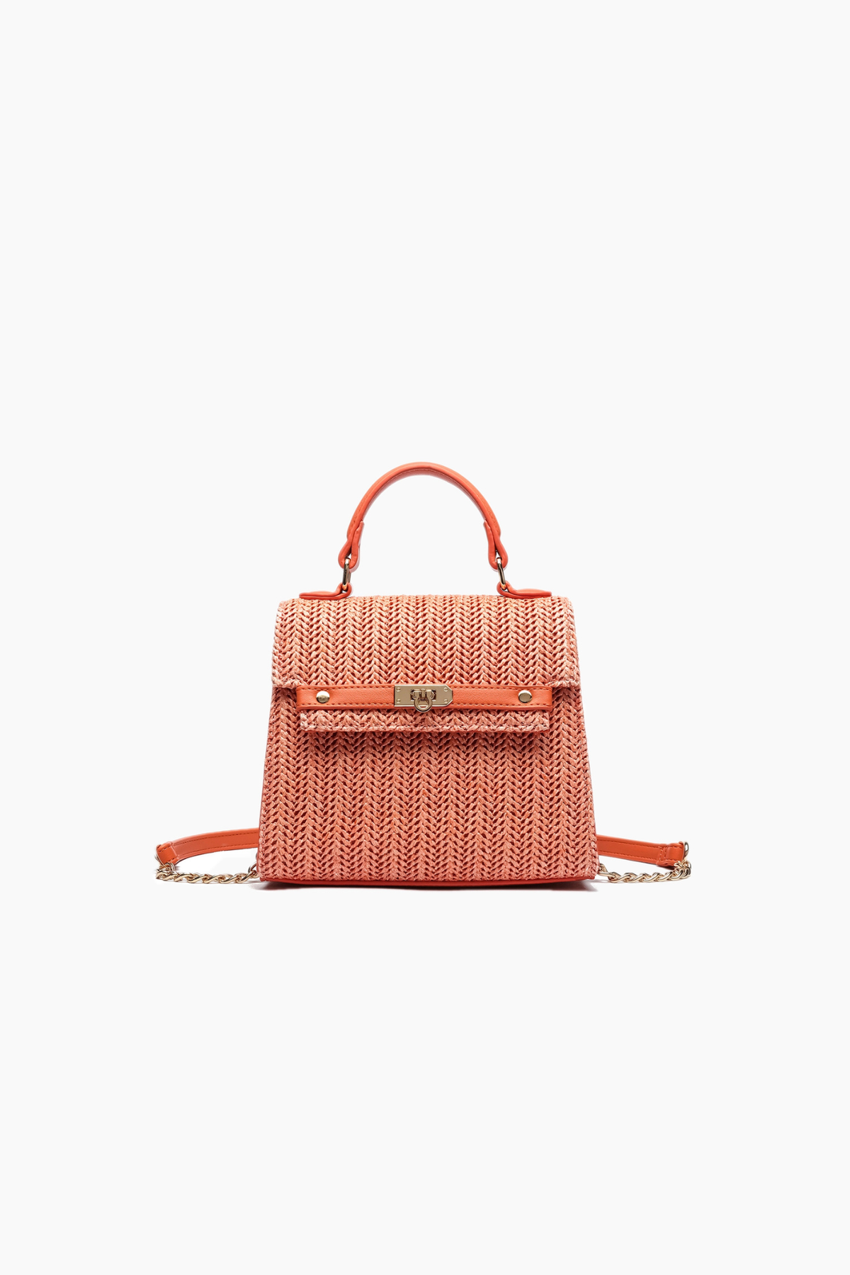coral woven straw crossbody handbag front view