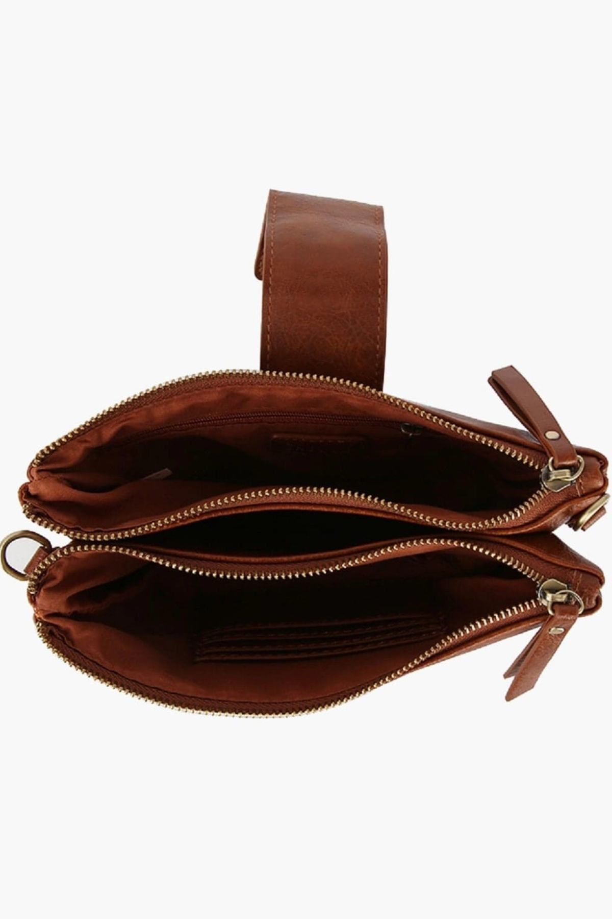 Interior view of two compartment crossbody bag with zip pocket and card slots