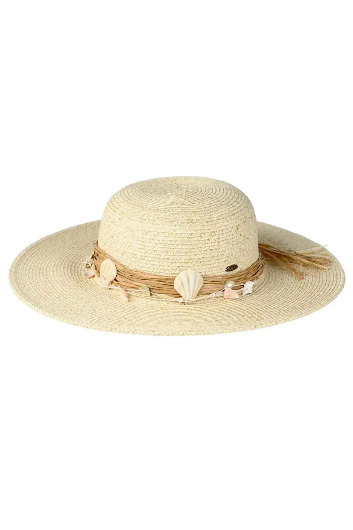Wide brim straw sun hat with shell trim detail