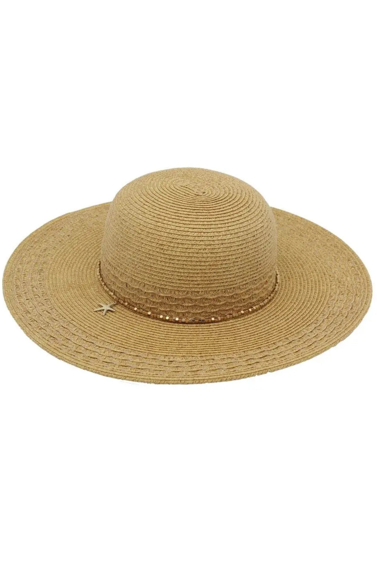 Wide brim woven straw hat with starfish charm band
