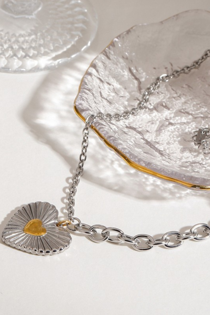 stainless steel duo tone heart pendant close up