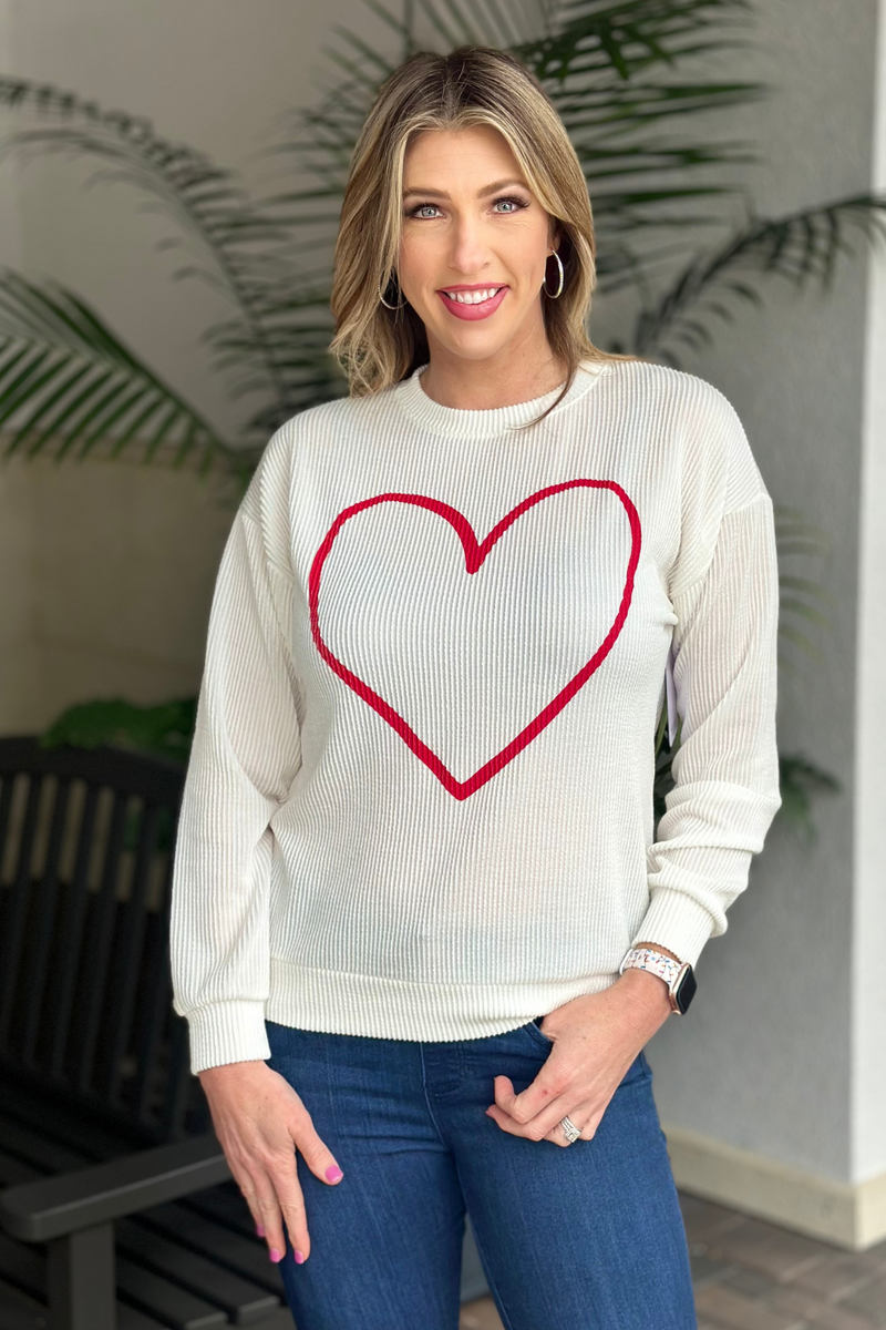 Lot Of Love Heart Ribbed Outline Graphic Long Sleeve Top