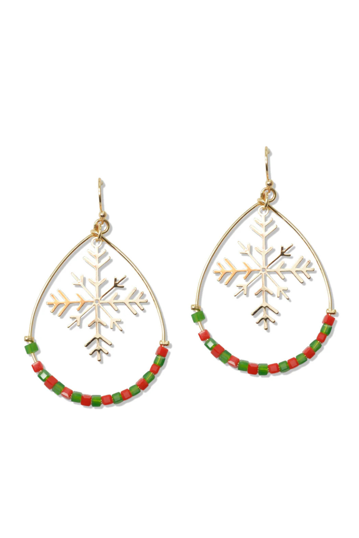 Beaded teardrop earrings with snowflake design and fish hook closure, holiday jewelry