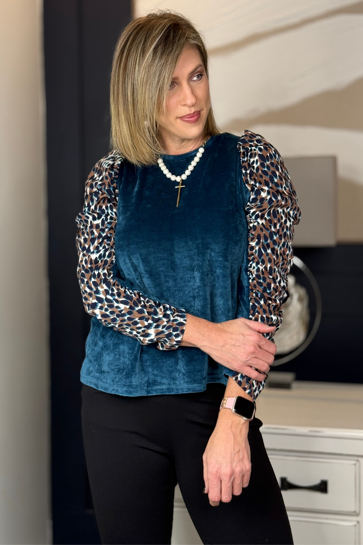 THML Wild Luxe Chenille Leopard Sleeve Top