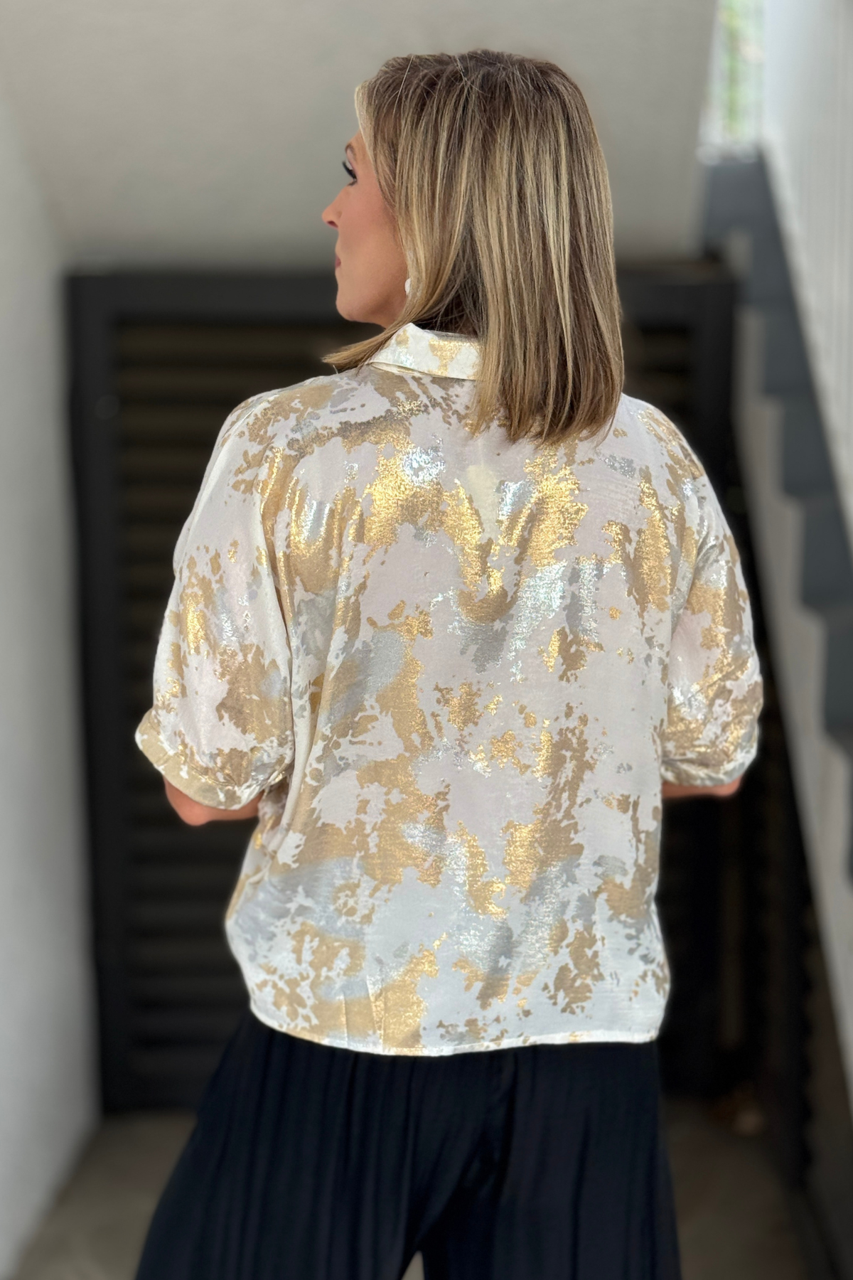 Gold foil print summer top with collared neckline