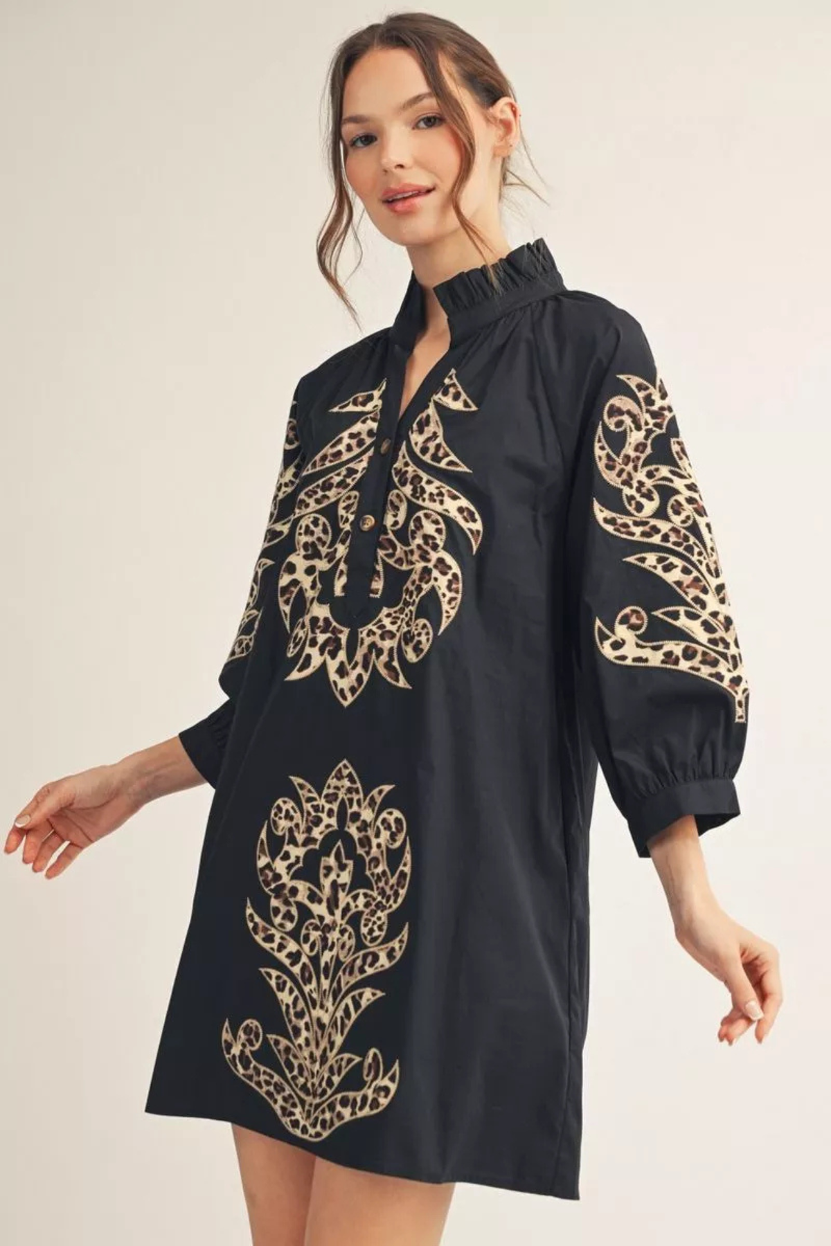 Black shift dress with leopard Baroque appliqué detail