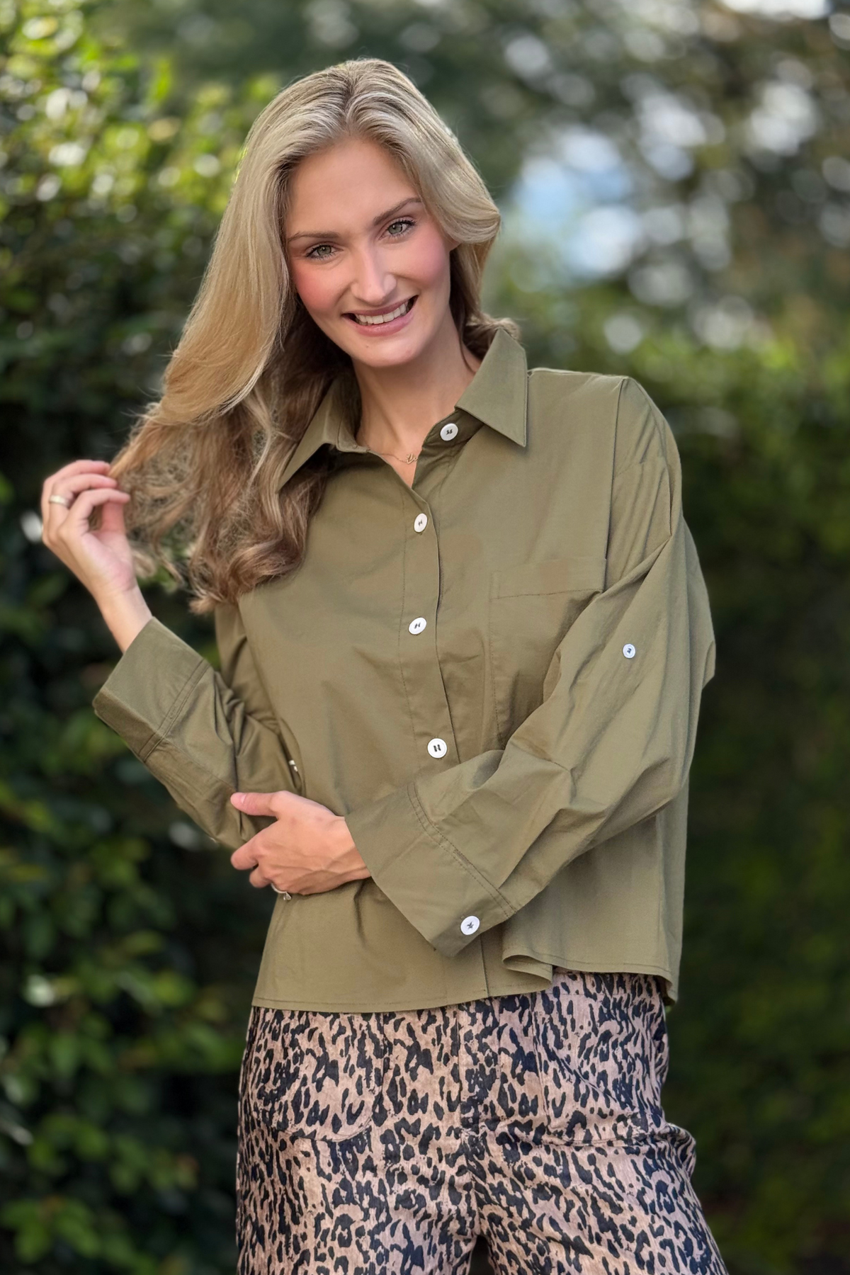Uptown Olive tab sleeve button down shirt with chest pocket