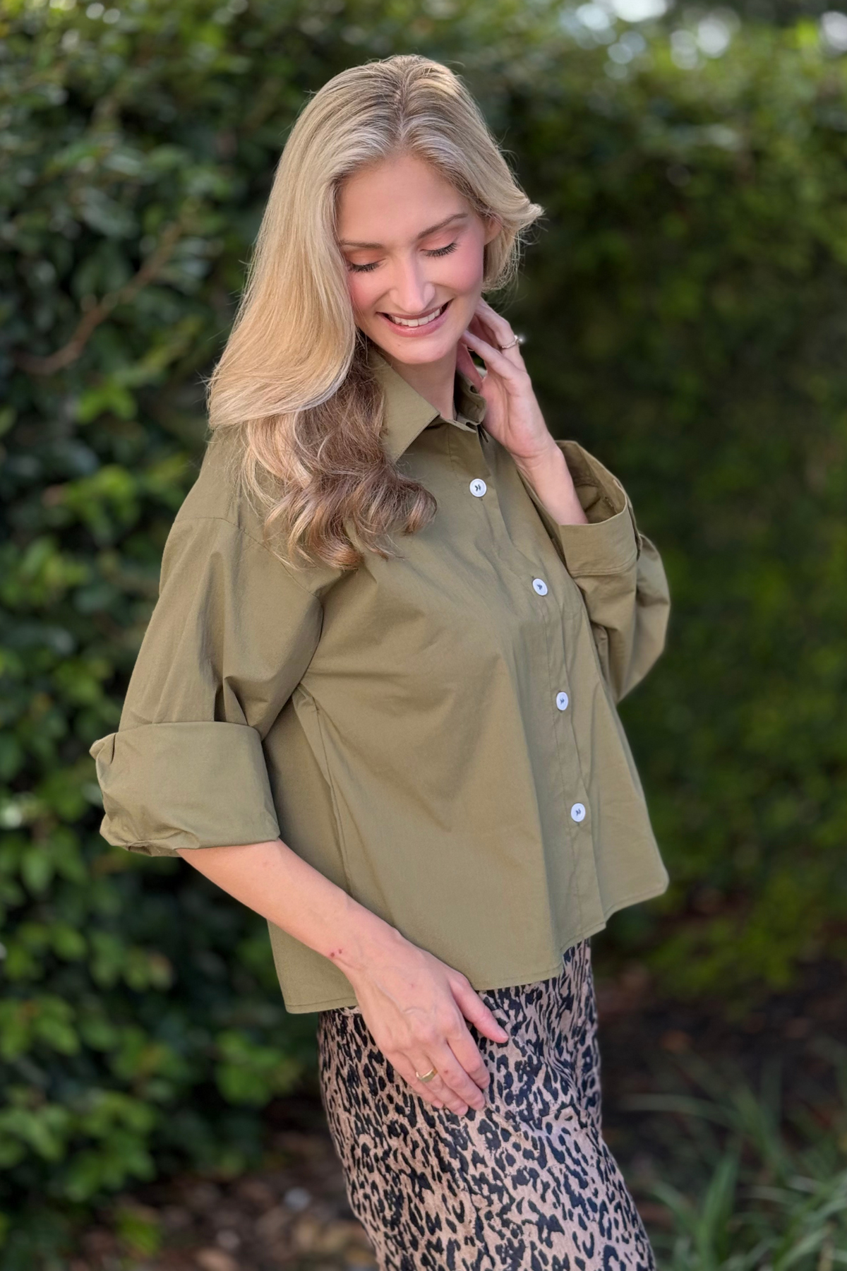 Long sleeve fall shirt with crisp white buttons