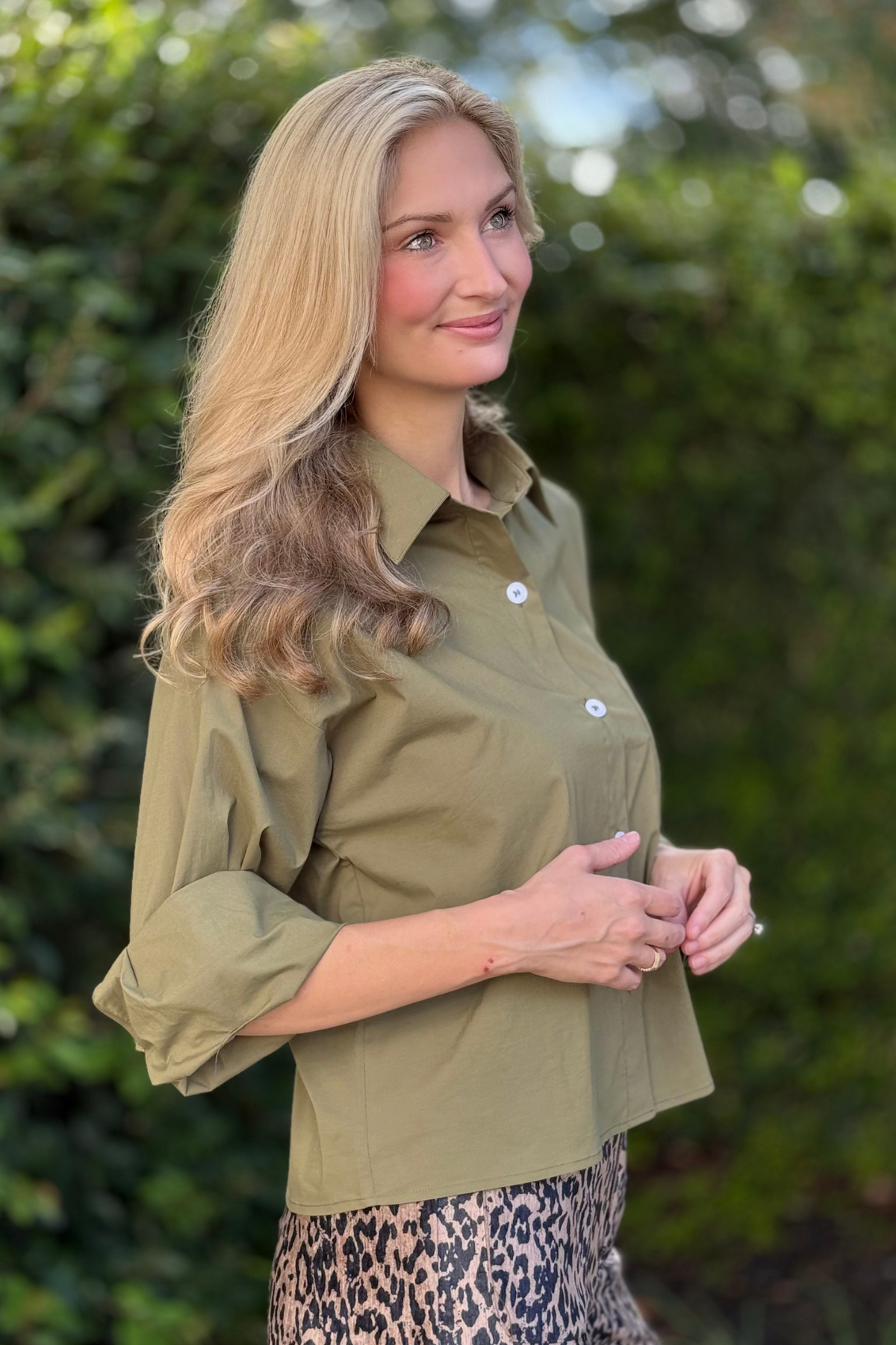 The Pink Nickel olive button down top outdoor photo