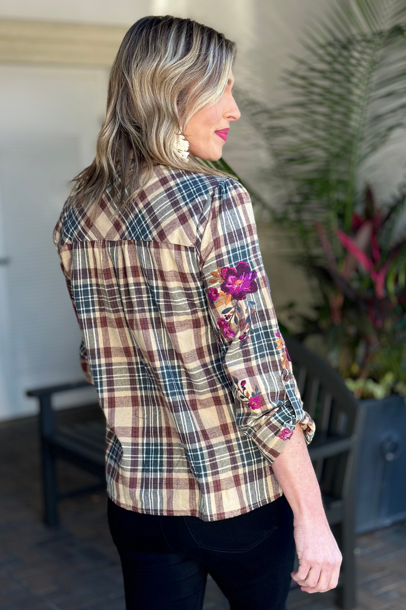 Bennett Chic Plaid Floral Embroidered Top