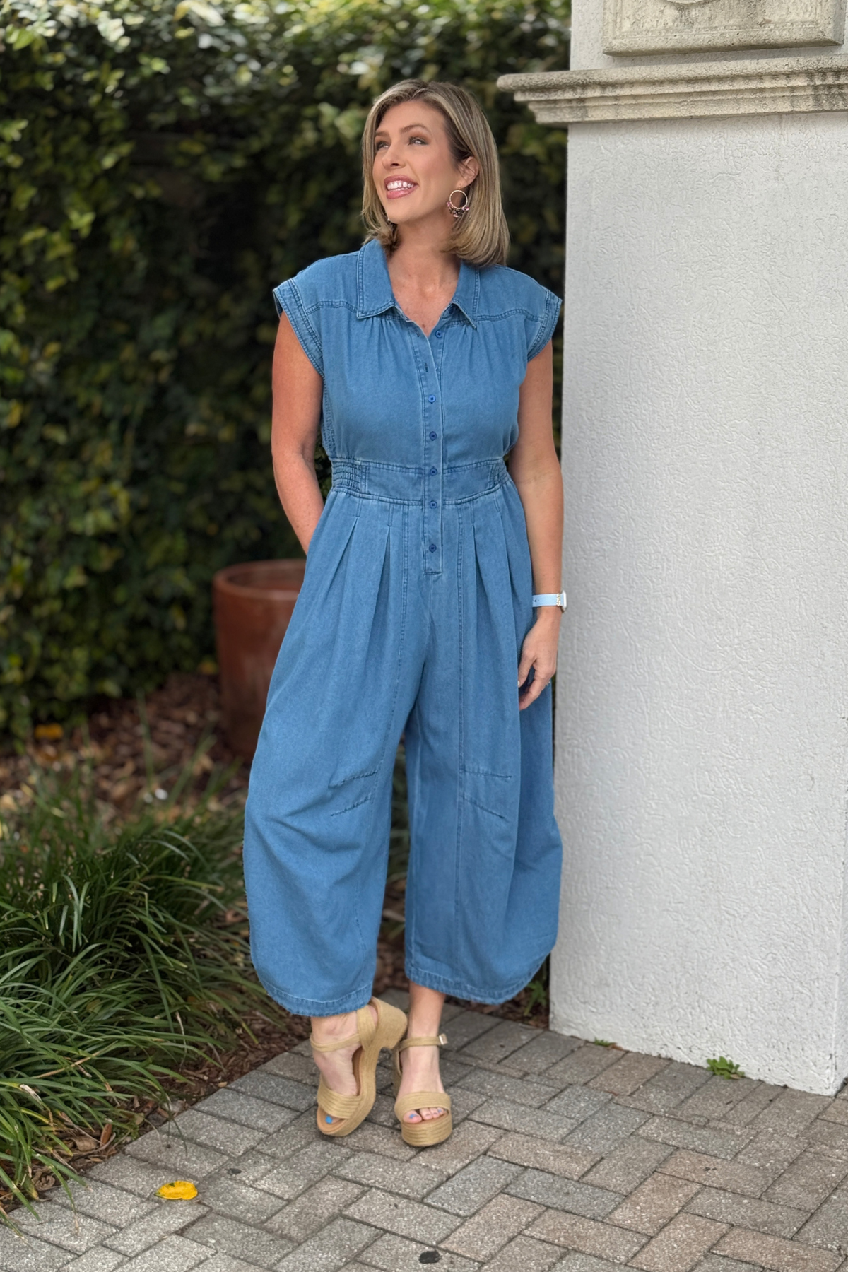 washed denim wide leg jumpsuit women