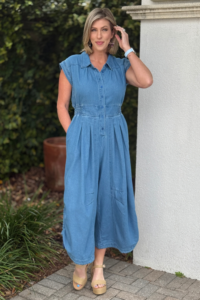 boutique denim jumpsuit with smocked waist