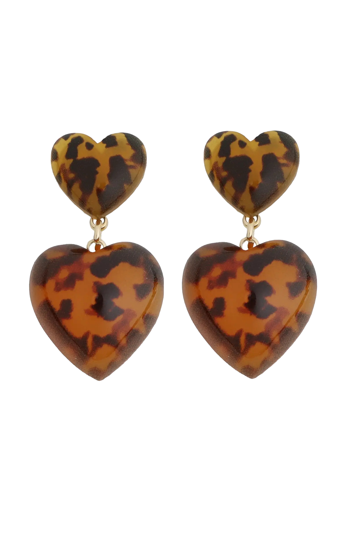 leopard print double heart drop earrings with acrylic finish
