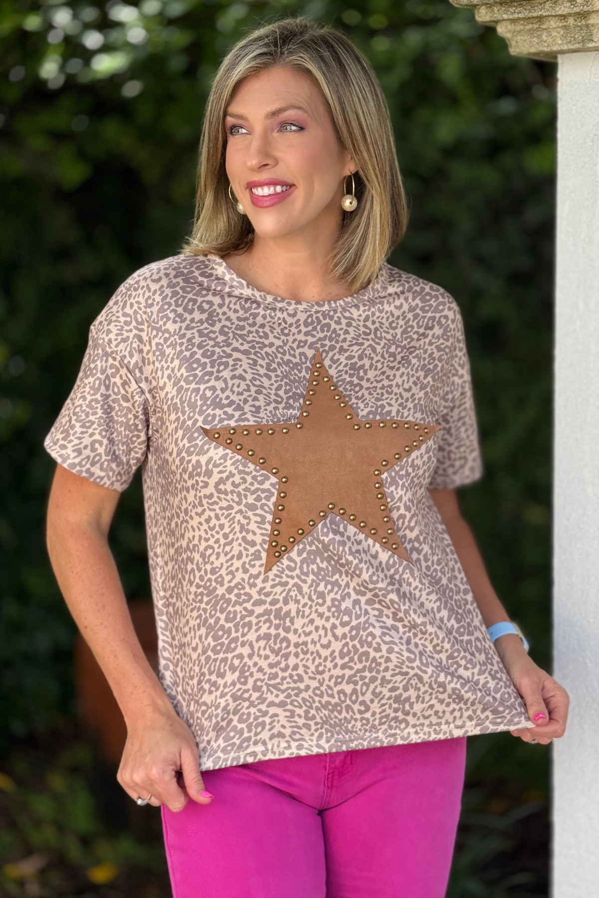 Leopard print western star patch top styled with magenta denim