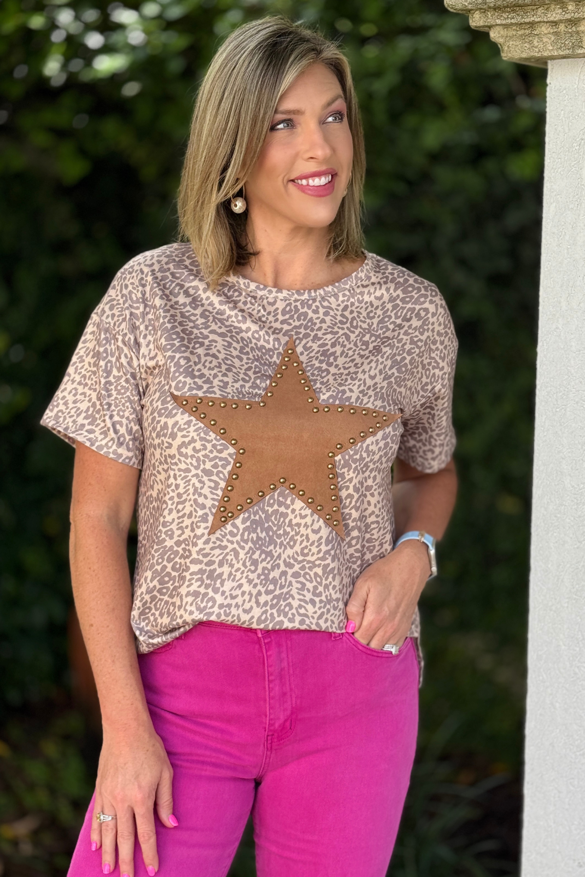 Lightweight leopard short sleeve top with studded star detail