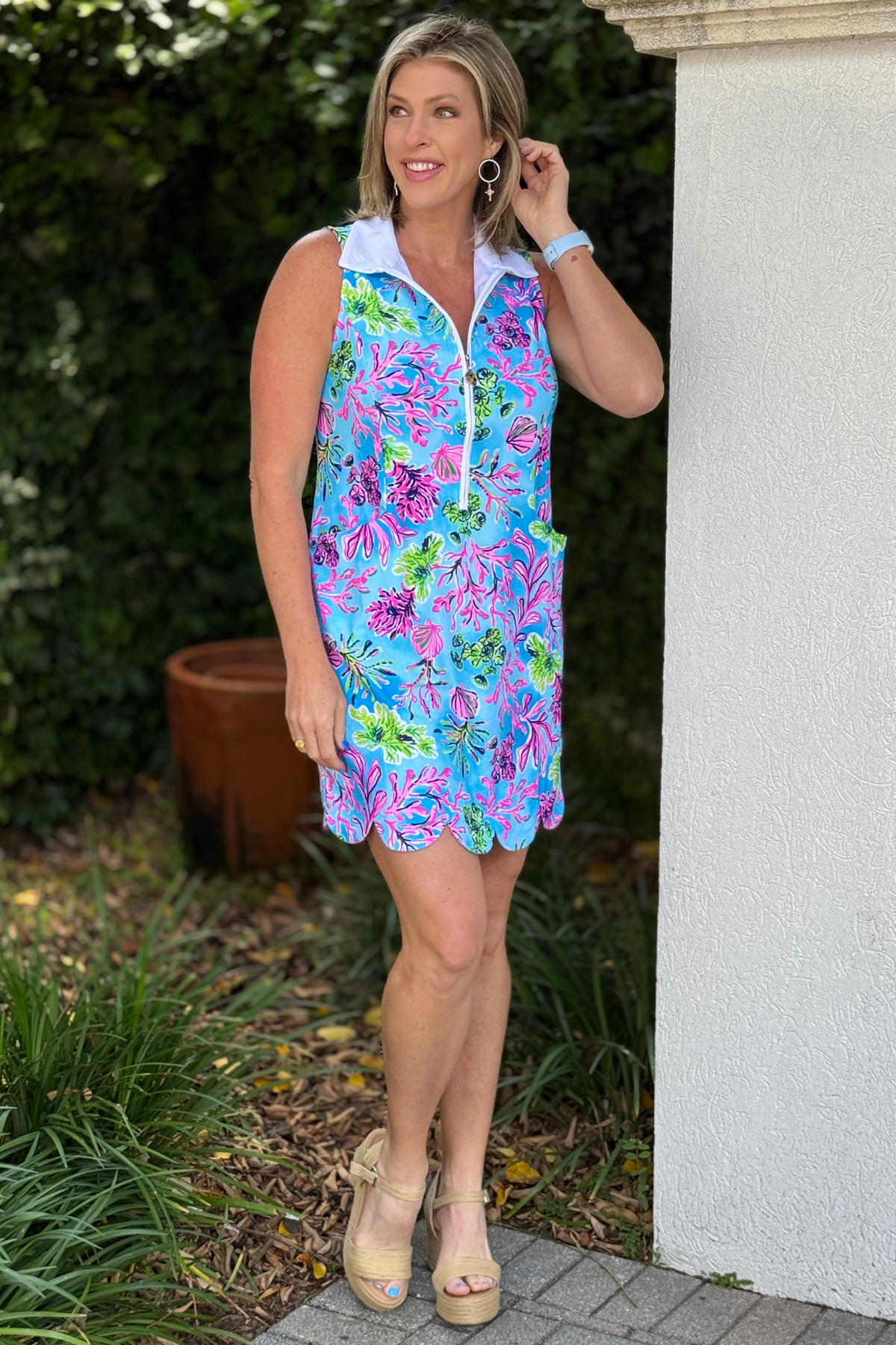 aqua pink tropical golf dress with zipper neckline