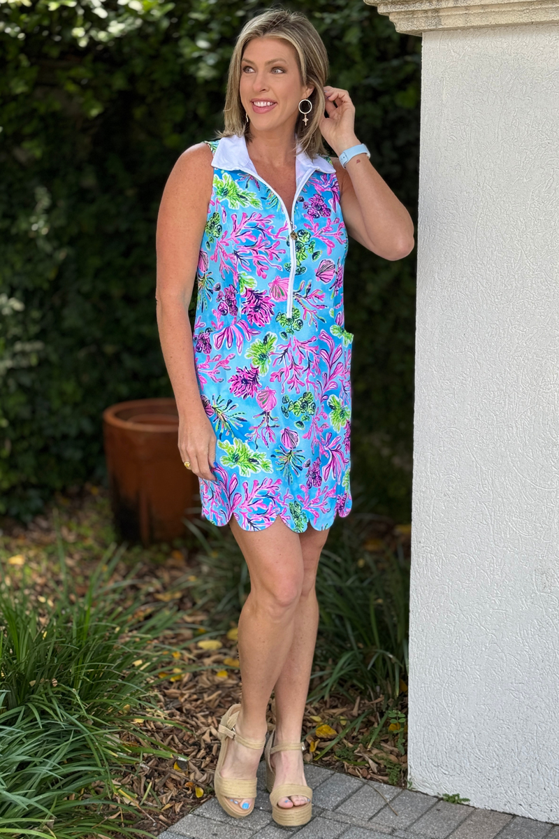 aqua pink tropical golf dress with zipper neckline