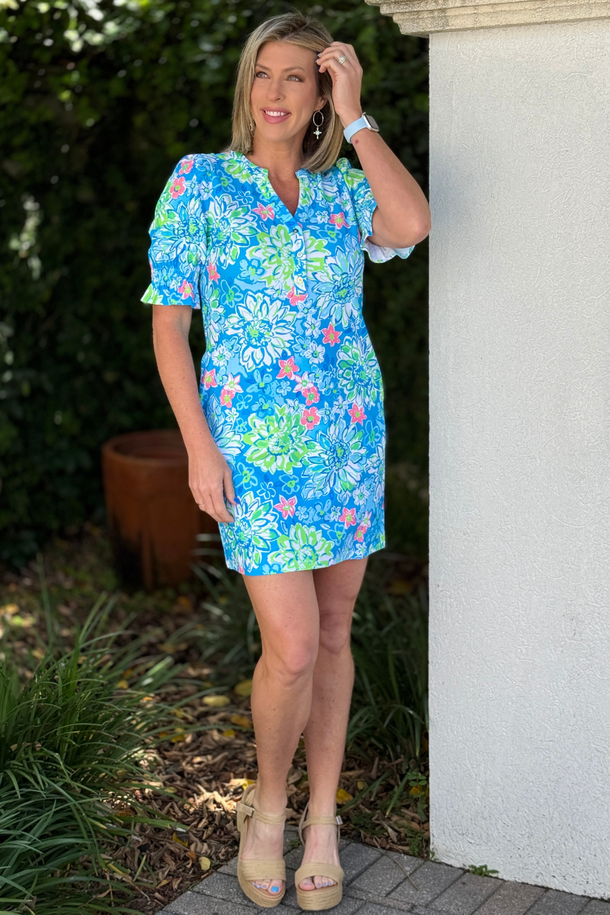 casual blue and green floral dress women