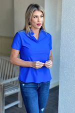 Lady In Blue Pleated Collar Polo Top