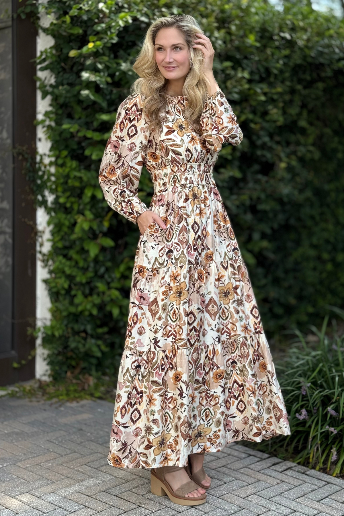 womens maxi dress with sleeves Women's Printed Panel Maxi Dress Elegant Long Sleeve Modest Occasion FineLook