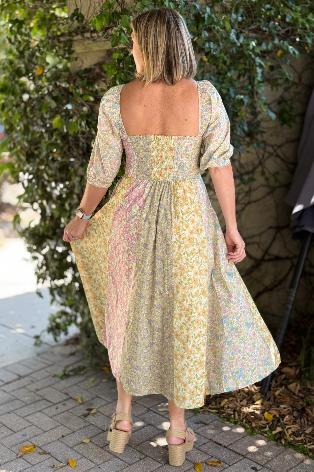 square neckline floral midi dress