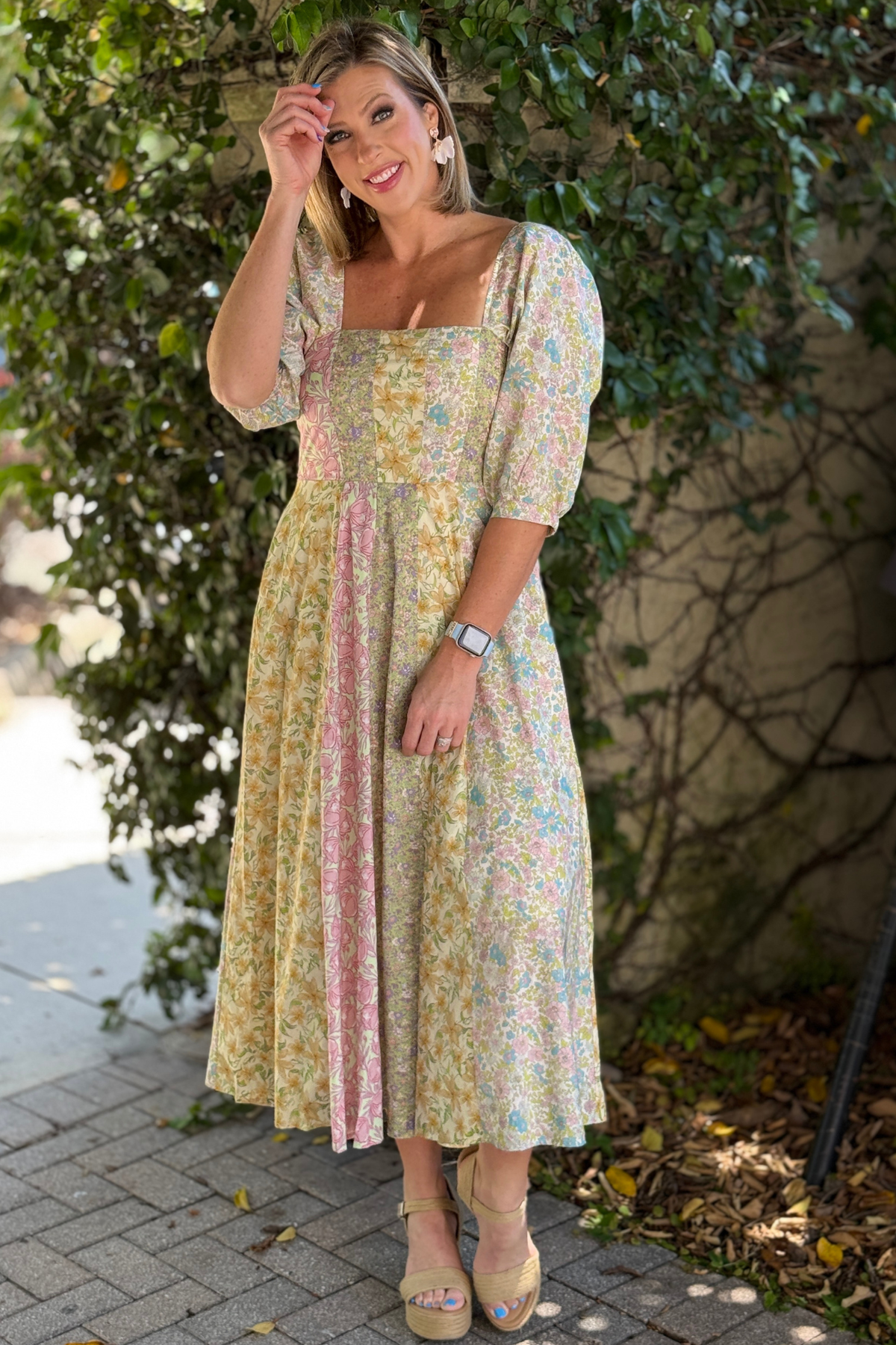 mixed floral midi dress front view