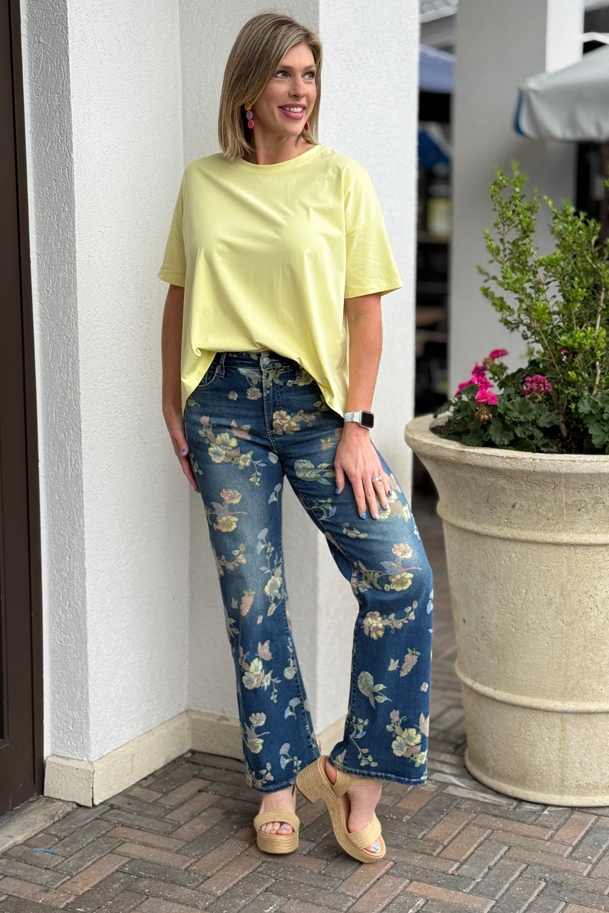 Boutique floral print jeans with high rise fit and stretch fabric